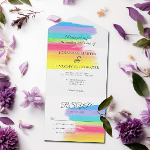 Rainbow Watercolor Sommerhochzeit mit schicker UAW All In One Einladung