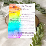 Rainbow Watercolor Splash LGBTQ Hochzeitmenü Menükarte<br><div class="desc">Farbenfrohe LGBTQ Hochzeitskarte in einer Größe von 5 x 7 mit einem Aquarellfarbenwaschgang,  der den Großteil der Karte bedeckt,  mit charmanten handgeschriebenen Schriftart in dunklem lila. Fügen Sie Ihre Vorspeisen,  Hauptgerichte und Desserts hinzu.</div>