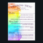Rainbow Watercolor Splash LGBTQ Hochzeitmenü Menükarte<br><div class="desc">Farbenfrohe LGBTQ Hochzeitskarte in einer Größe von 5 x 7 mit einem Aquarellfarbenwaschgang,  der den Großteil der Karte bedeckt,  mit charmanten handgeschriebenen Schriftart in dunklem lila. Fügen Sie Ihre Vorspeisen,  Hauptgerichte und Desserts hinzu.</div>