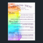 Rainbow Watercolor Splash LGBTQ Hochzeitmenü Menükarte<br><div class="desc">Farbenfrohe LGBTQ Hochzeitskarte in einer Größe von 5 x 7 mit einem Aquarellfarbenwaschgang,  der den Großteil der Karte bedeckt,  mit charmanten handgeschriebenen Schriftart in dunklem lila. Fügen Sie Ihre Vorspeisen,  Hauptgerichte und Desserts hinzu.</div>
