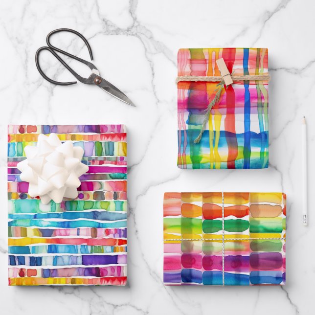 Rainbow Watercolor Streifen Geschenkpapier Set (Vorderseite)