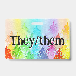 Rainbow Watercolor Trees Pronouns Abzeichen Ausweis