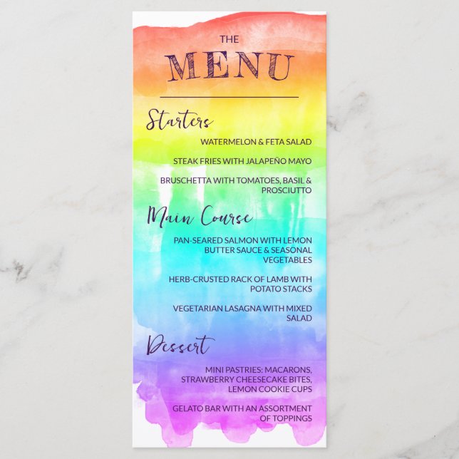 Rainbow Watercolor Wash LGBTQ Hochzeitmenü Menükarte (Vorderseite)