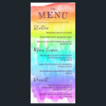 Rainbow Watercolor Wash LGBTQ Hochzeitmenü Menükarte<br><div class="desc">Farbenfrohe LGBTQ Hochzeitskarte mit einem Aquarellfarbenwaschgang,  der die meisten Karten bedeckt,  mit charmanten handgeschriebenen Schriftart in dunklem lila. Fügen Sie Ihre Vorspeisen,  Hauptgerichte und Desserts hinzu.</div>