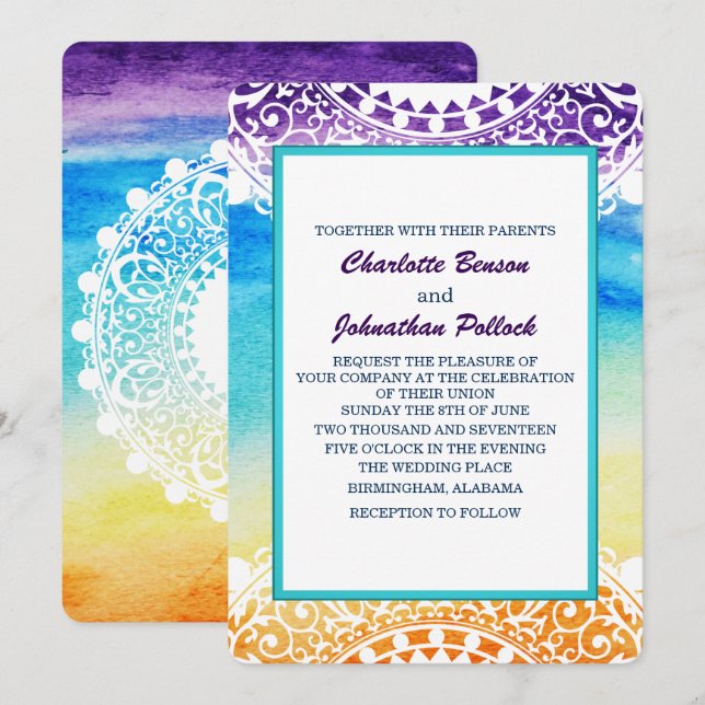 Rainbow Watercolor Weißes Mandala Hochzeit Einladung (Vorne/Hinten)