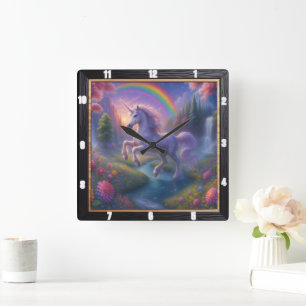 Rainbow Waterfall Dreamy Unicorn Quadratische Wanduhr
