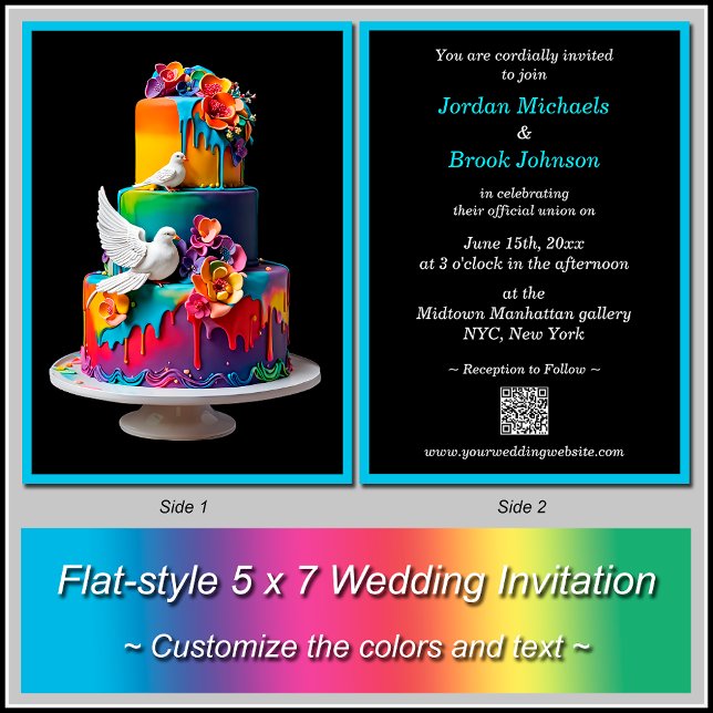 Rainbow Wedding Cake mit Doves Wedding Einladung (Change the black background and turquoise border to any colors you like.)