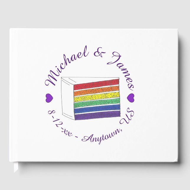 Rainbow Wedding Cake Slice Lila Heart LGBT Gay Gästebuch (Vorderseite)