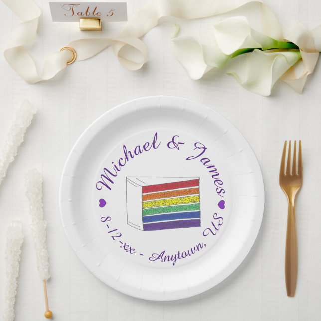 Rainbow Wedding Cake Slice Lila Heart LGBT Gay Pappteller (Hochzeit)