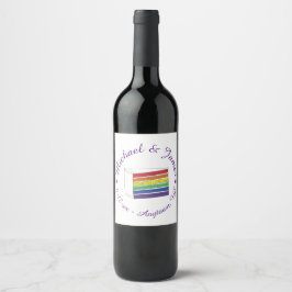 Rainbow Wedding Cake Slice Lila Heart LGBT Gay Weinetikett