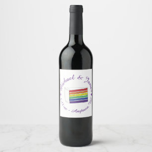 Rainbow Wedding Cake Slice Lila Heart LGBT Gay Weinetikett