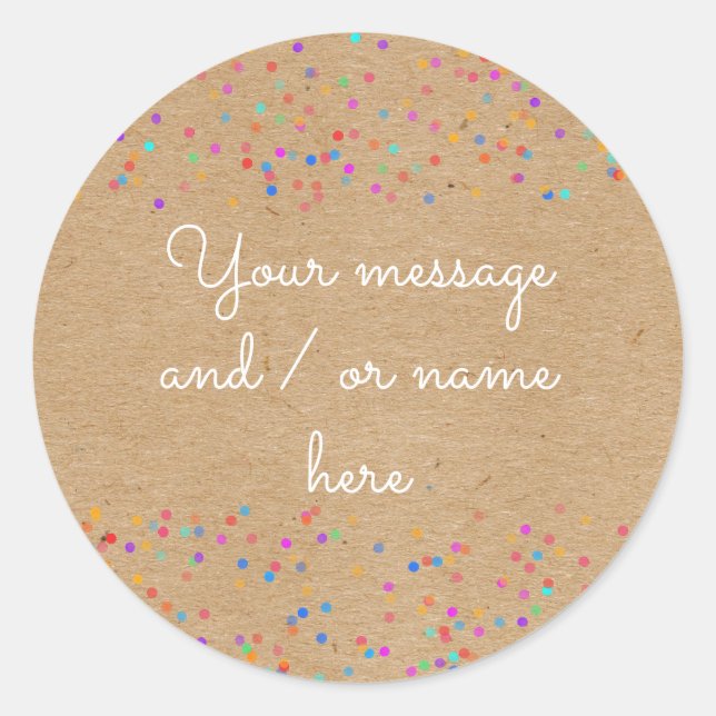 Rainbow Wedding Confetti Rustic Kraft Name Runder Aufkleber (Vorderseite)