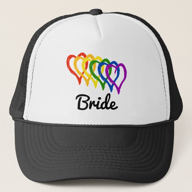 Rainbow Wedding Layered Hearts Bride Truckerkappe (Vorderseite)