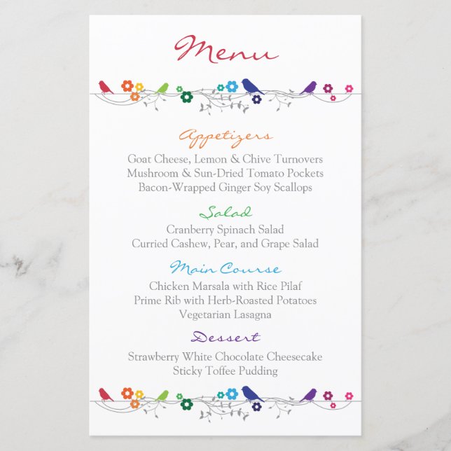 Rainbow Wedding Menu Birds Blume (Vorderseite)