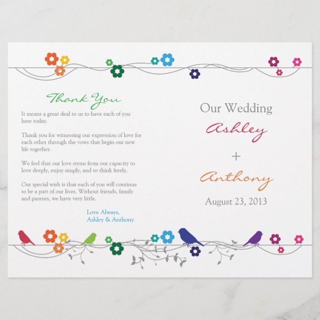 Rainbow Wedding Program Birds Blume (Vorderseite)