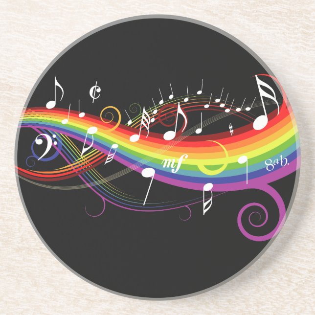 Rainbow White Musiknoten auf Black Sandstein Untersetzer (Vorne)