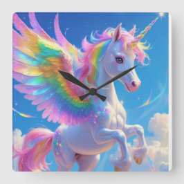 Rainbow Winged Prancing Unicorn Quadratische Wanduhr