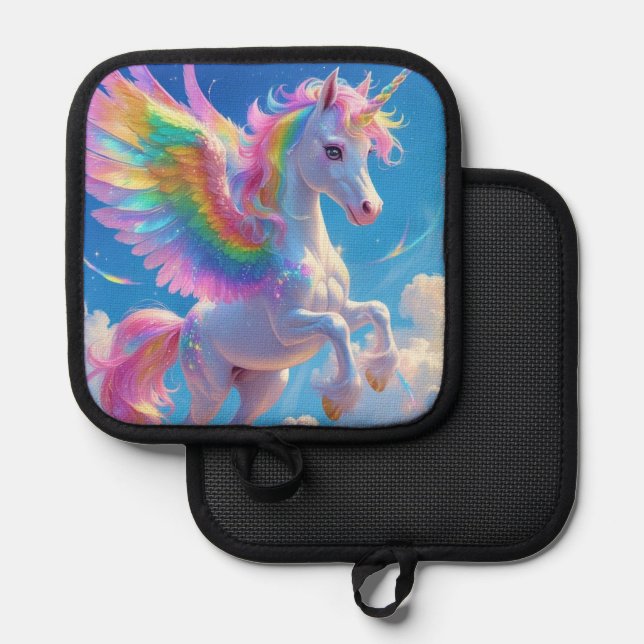 Rainbow Winged Prancing Unicorn Topflappen (Vorderseite/Rückseite)