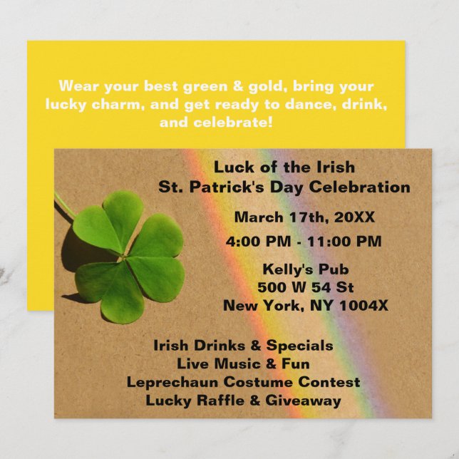 Rainbow Yellow & Green Clover Drink Irish Einladung (Vorne/Hinten)