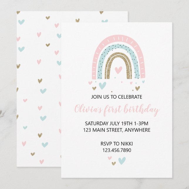 Rainbows and Hearts Erster Geburtstag Einladung Pa (Vorne/Hinten)