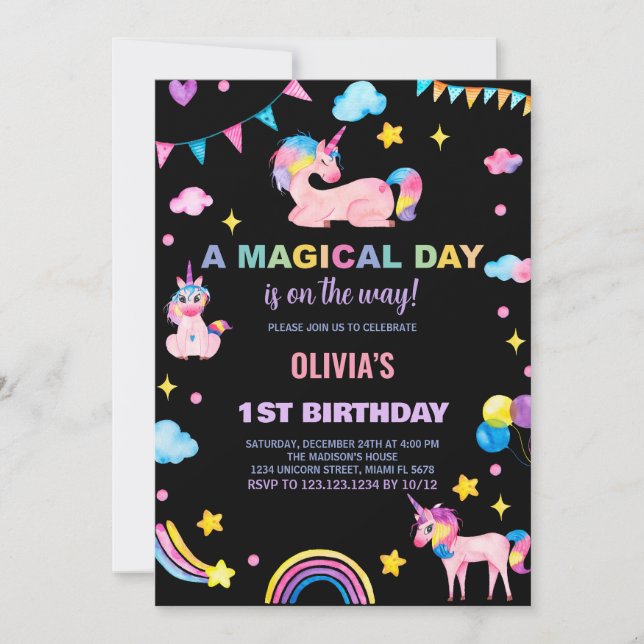 Rainbows drapeaux Unicorn Invitations d'anniversai (Devant)