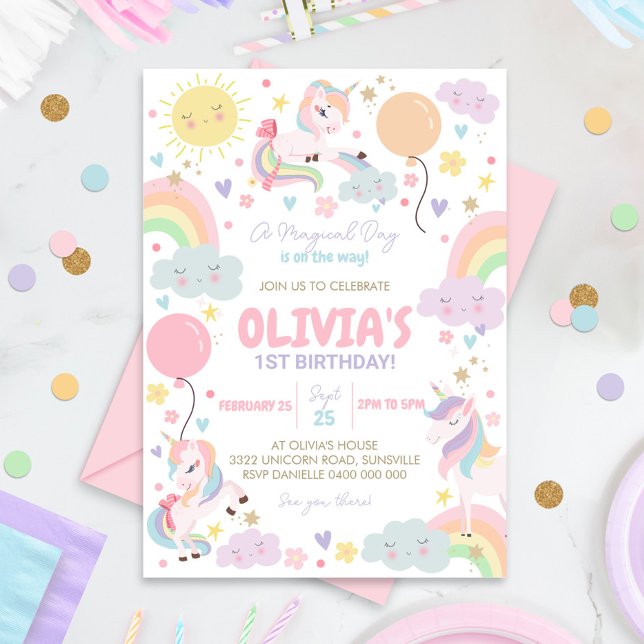 Rainbows et Unicorns Invitation Anniversaire Unico (Rainbows and Unicorns Party Invitation)