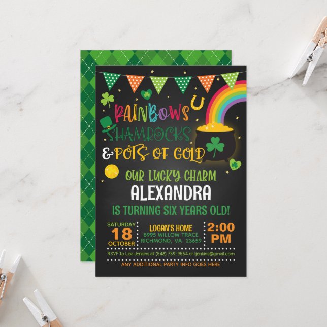 Rainbows, Kleeblätter und Töpfe aus Gold (B) Gebur Einladung (Vorderseite/Rückseite Beispiel)