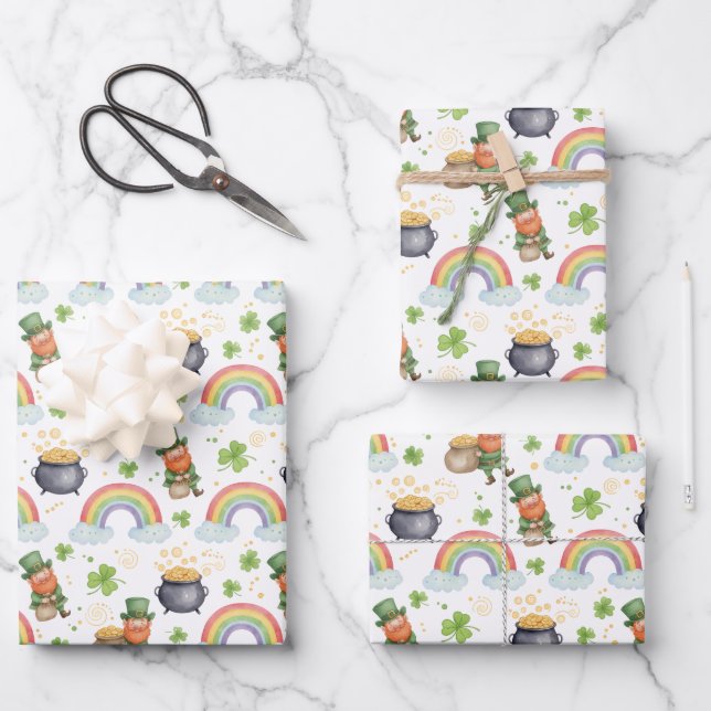 Rainbows Shamrocks Leprechauns St Patrick's Day  Geschenkpapier Set (Vorderseite)