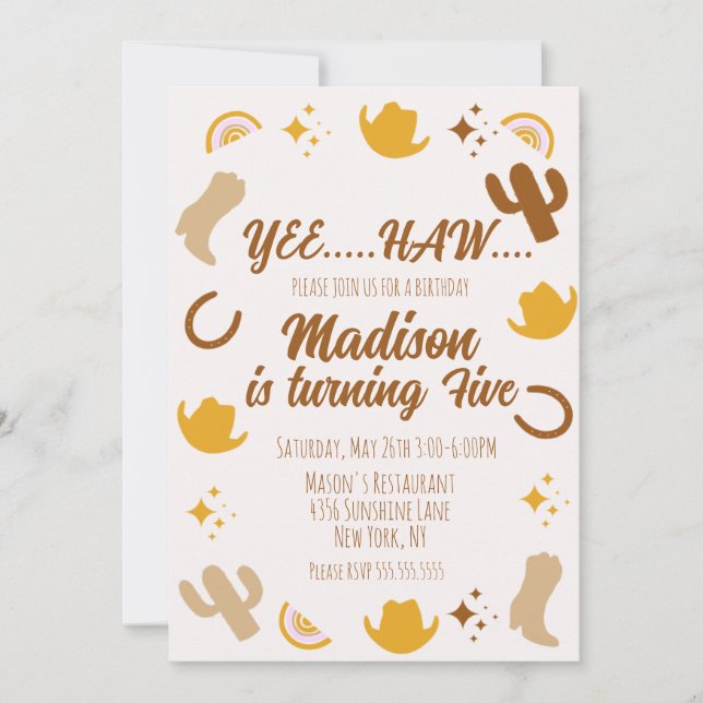 Rainbows und Rodeos Groovy zum Geburtstag Einladung (Vorderseite)