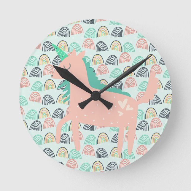 Rainbows und Unicorns Runde Wanduhr (Vorderseite)