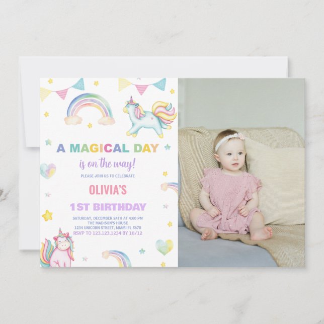 Rainbows Unicorn Anniversaire Invitations avec pho (Devant)