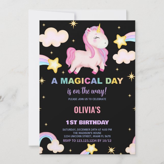 Rainbows Unicorn Invitations d'anniversaire (Devant)