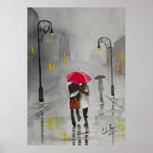Rainday Herbst Roter Schirm romantisches Paar Poster