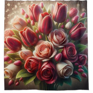 "Raindrop Symphony: Vibrant Rose & Tulips" Duschvorhang