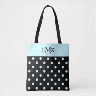 Raindrops Blue Polka Dots auf Black Monogram Tasche