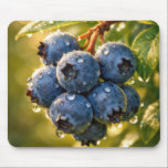 Raindrops on Ripe Blueberries Mousepad<br><div class="desc">Ripe blueberries hang from a branch,  adorned with dewdrops,  while the sunlight casts a warm glow around their vibrant blue hue</div>