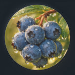 Raindrops on Ripe Blueberries Pappteller<br><div class="desc">Ripe blueberries hang from a branch,  adorned with dewdrops,  while the sunlight casts a warm glow around their vibrant blue hue</div>