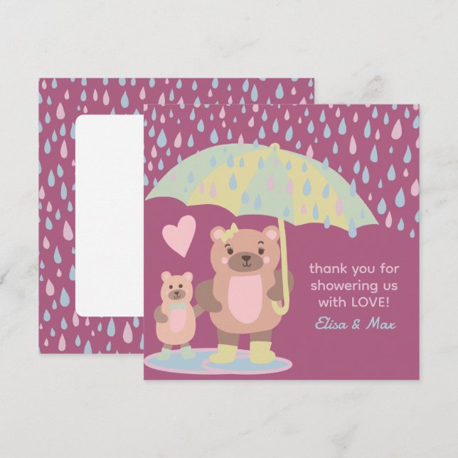 Raindrops Puddles Mama & Baby Bear Custom Dusche Dankeskarte (Vorne/Hinten)