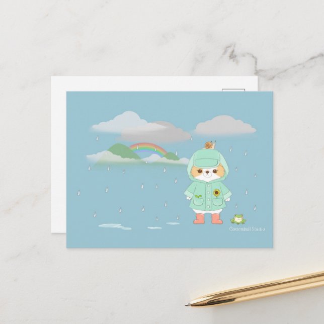 Rainey Day Mochi mit einem Aquamarinen Raincoat Fr Postkarte (Vorderseite/Rückseite Beispiel)