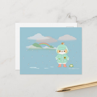 Rainey Day Mochi mit einem Aquamarinen Raincoat Fr Postkarte