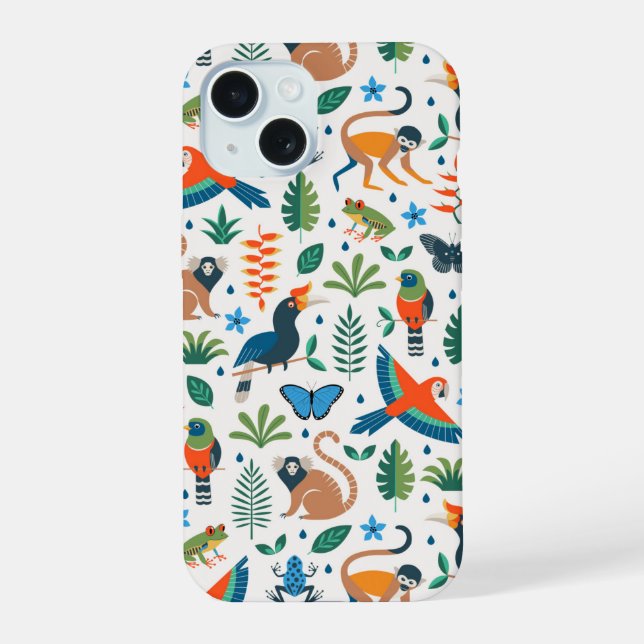 Rainforest Animal Pattern iPhone 15 Hülle (Rückseite)