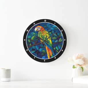 Rainforest Radiation" - Glass Parrot Wall Große Wanduhr