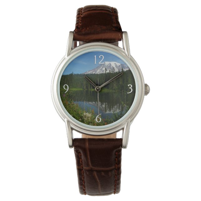 Rainier Lake Reflektion mit Wildblumen Armbanduhr (Vorderseite)