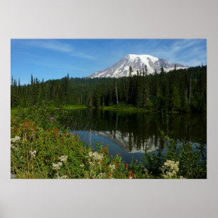 Rainier Lake Reflektion mit Wildblumen Poster