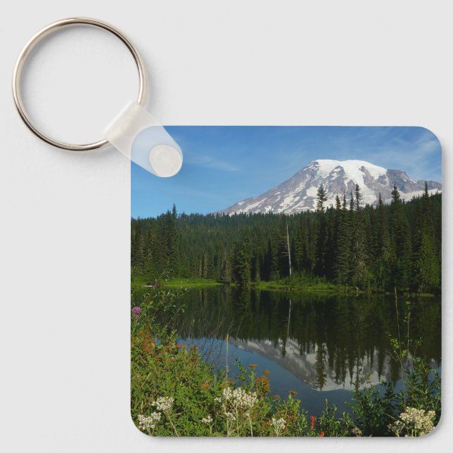 Rainier Lake Reflektion mit Wildblumen Schlüsselanhänger (Vorderseite)