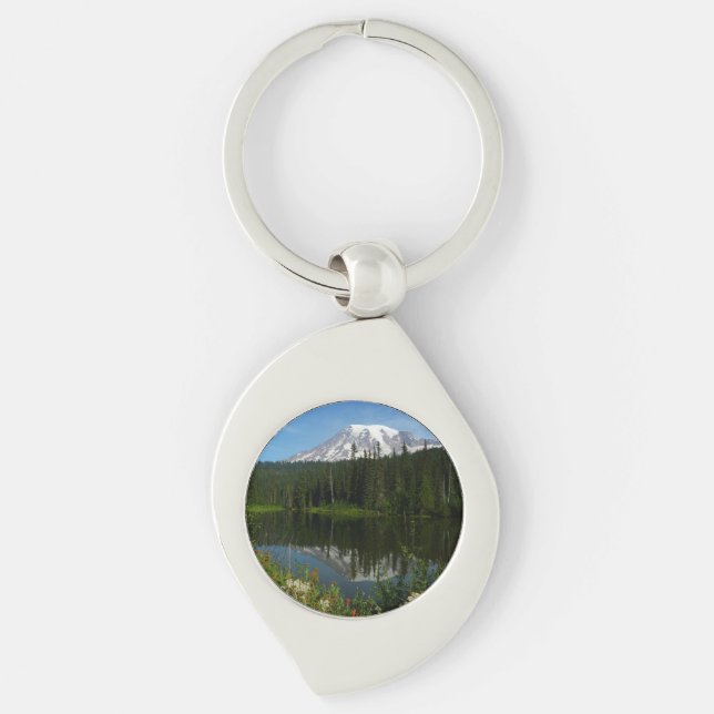 Rainier Lake Reflektion mit Wildblumen Schlüsselanhänger (Vorderseite)