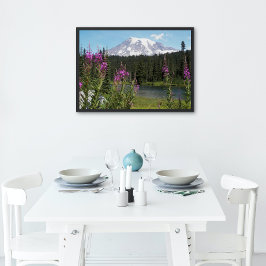 Rainier und Wildblumen Foto Glossage Poster