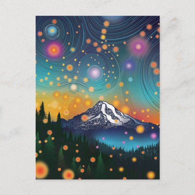 Rainier w Abend Starry Sky and Fireflies Postkarte (Vorderseite)