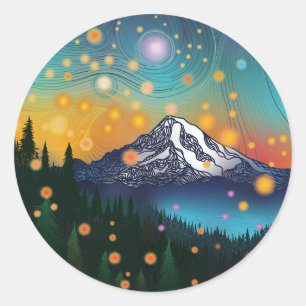 Rainier w Abend Starry Sky and Fireflies Runder Aufkleber
