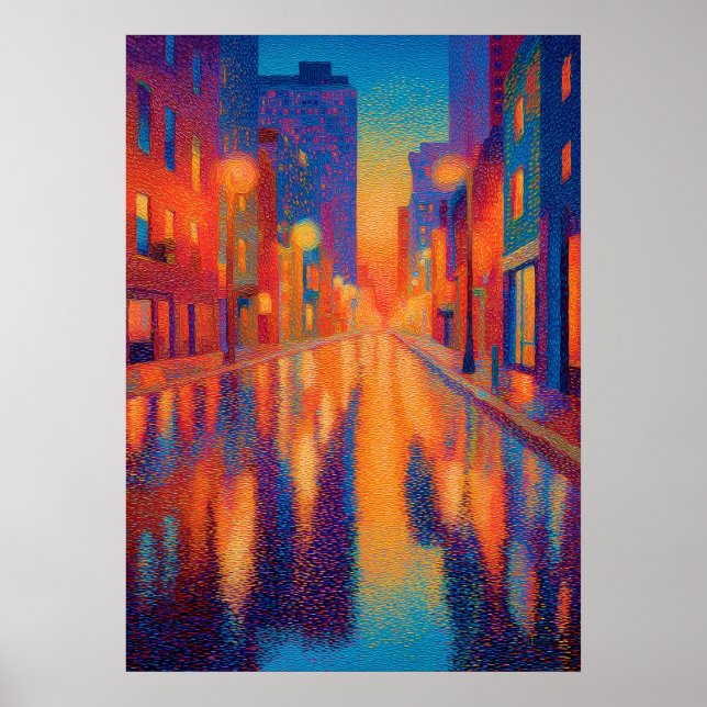 Rainy City Street Pointillism Lights Poster (Vorne)